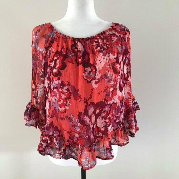 LUCKY BRAND Boho Off The Shoulder Blouse Top Size Medium Coral Pink Floral EUC - Picture 2 of 6